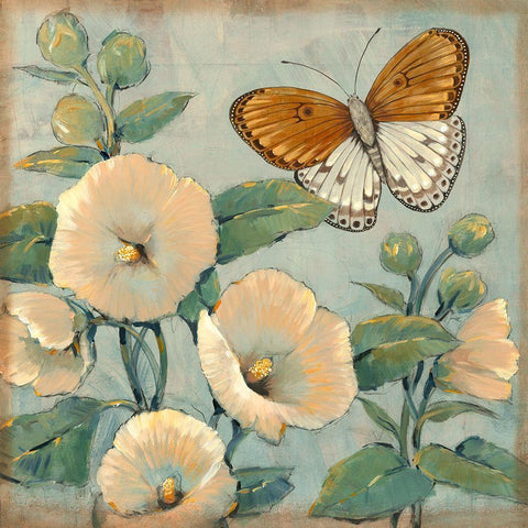 Butterfly and Hollyhocks I Gold Ornate Wood Framed Art Print with Double Matting by OToole, Tim