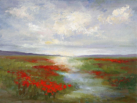 Red Poppy Field White Modern Wood Framed Art Print with Double Matting by Finch, Sheila