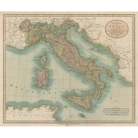 Vintage Map of Italy Gold Ornate Wood Framed Art Print with Double Matting by Cary, John