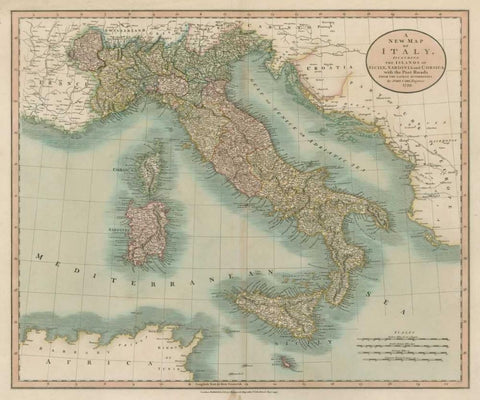 Vintage Map of Italy Black Ornate Wood Framed Art Print with Double Matting by Cary, John