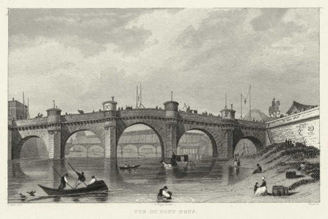 Vue Du Pont Neuf Black Ornate Wood Framed Art Print with Double Matting by Pugin, A.