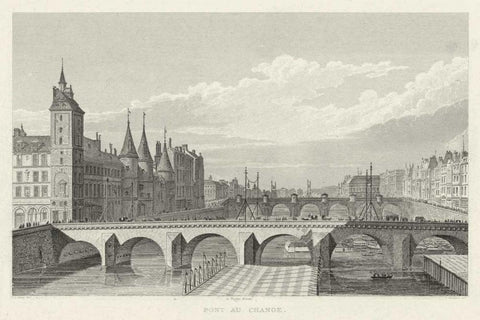 Pont Au Change Black Ornate Wood Framed Art Print with Double Matting by Pugin, A.