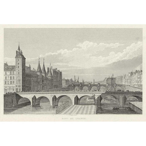 Pont Au Change Black Modern Wood Framed Art Print with Double Matting by Pugin, A.
