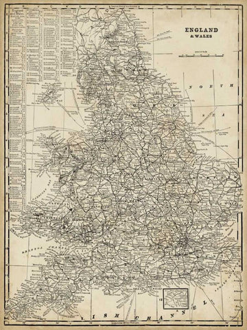 Antique Map of England White Modern Wood Framed Art Print with Double Matting by Vision Studio