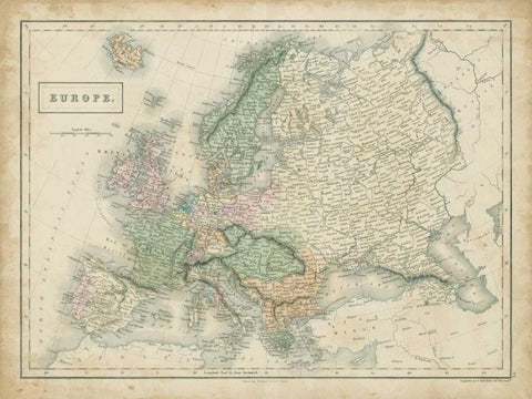 Map of Europe Black Ornate Wood Framed Art Print with Double Matting by Hall, Sidney