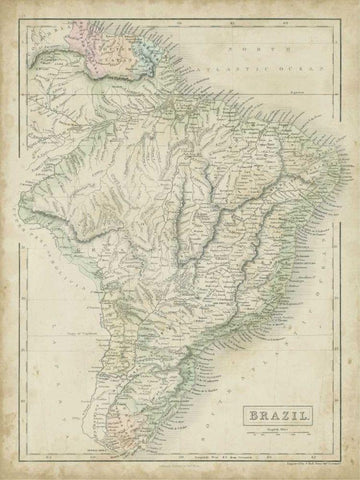 Map of Brazil White Modern Wood Framed Art Print with Double Matting by Hall, Sidney