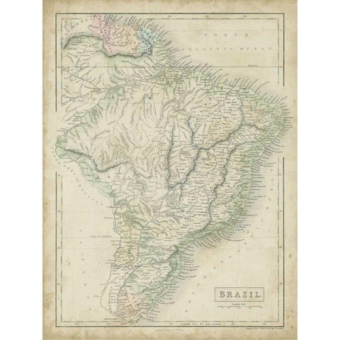 Map of Brazil Black Modern Wood Framed Art Print with Double Matting by Hall, Sidney