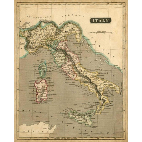 Thomsons Map of Italy Black Modern Wood Framed Art Print with Double Matting by Thomson