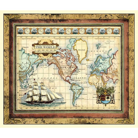 Map of the World Gold Ornate Wood Framed Art Print with Double Matting by Vision Studio