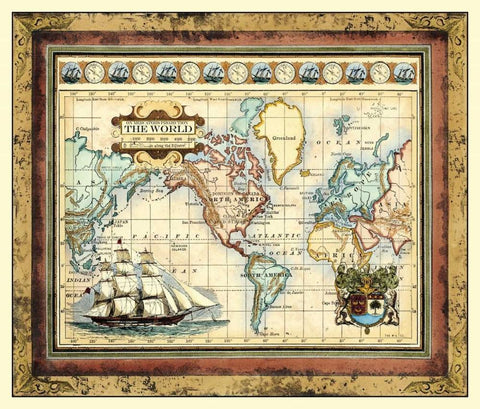 Map of the World Black Ornate Wood Framed Art Print with Double Matting by Vision Studio