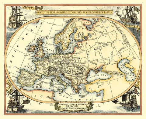 Nautical Map of Europe White Modern Wood Framed Art Print with Double Matting by Vision Studio