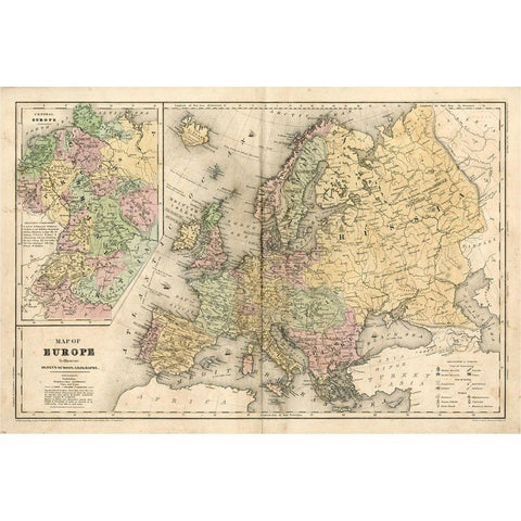 Non-Embellished Map of Europe Gold Ornate Wood Framed Art Print with Double Matting by Mitchell