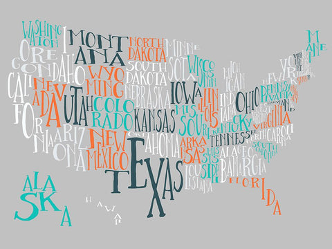 Orange Taffy US Typography Map Black Modern Wood Framed Art Print by Inner Circle