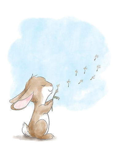 Little Bunny Blowing Dandelions White Modern Wood Framed Art Print with Double Matting by Circle Kids