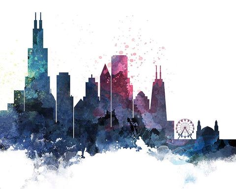 Chicago Watercolor Cityscape II Black Ornate Wood Framed Art Print with Double Matting by Circle Art Group