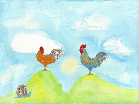 Hilltop Roosters White Modern Wood Framed Art Print with Double Matting by Blixt, Ingrid