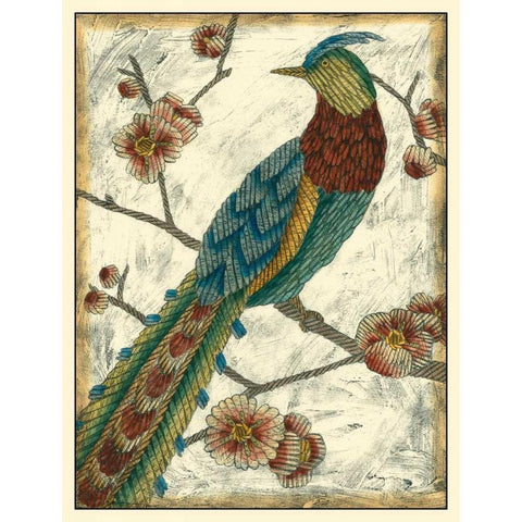 Embroidered Pheasant I White Modern Wood Framed Art Print by Zarris, Chariklia