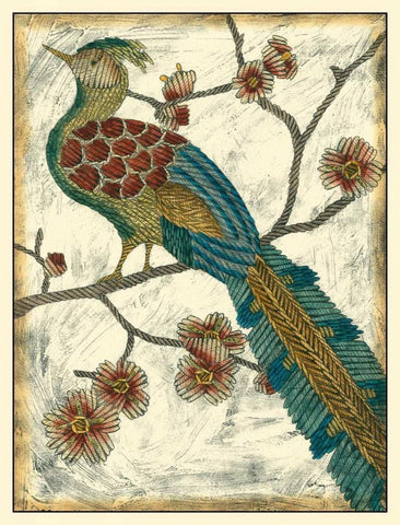 Embroidered Pheasant II White Modern Wood Framed Art Print with Double Matting by Zarris, Chariklia