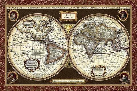 Decorative World Map Black Ornate Wood Framed Art Print with Double Matting by Vision Studio