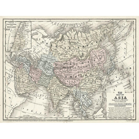 Mitchells Map of Asia Gold Ornate Wood Framed Art Print with Double Matting by Mitchell