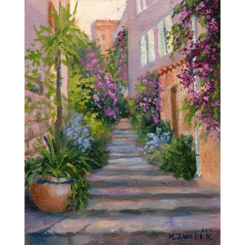Stairway Of Flowers Gold Ornate Wood Framed Art Print with Double Matting by Weber, Mary Jean