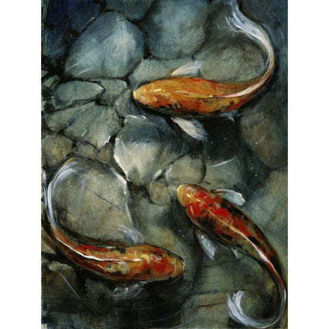 Tres Koi I Black Modern Wood Framed Art Print with Double Matting by OToole, Tim