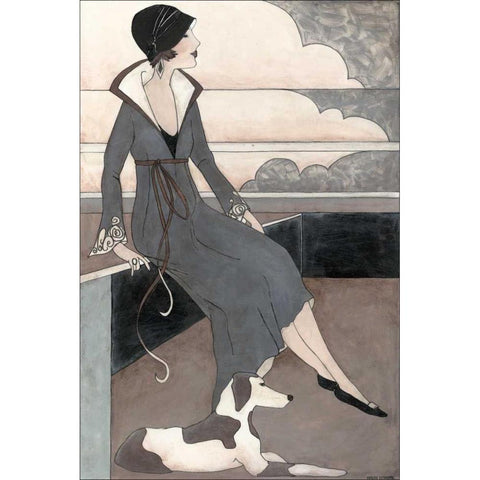 Art Deco Lady With Dog Gold Ornate Wood Framed Art Print with Double Matting by Meagher, Megan