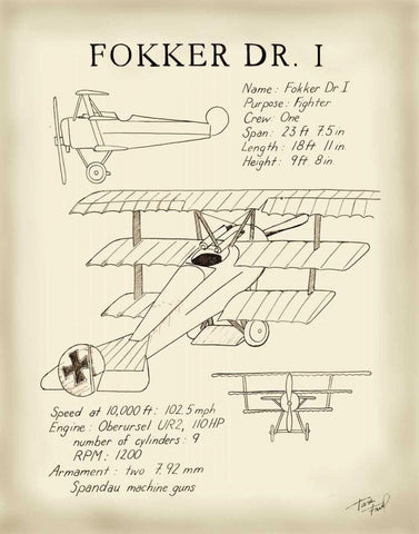 Fokker Dreidecker Black Ornate Wood Framed Art Print with Double Matting by Friel, Tara