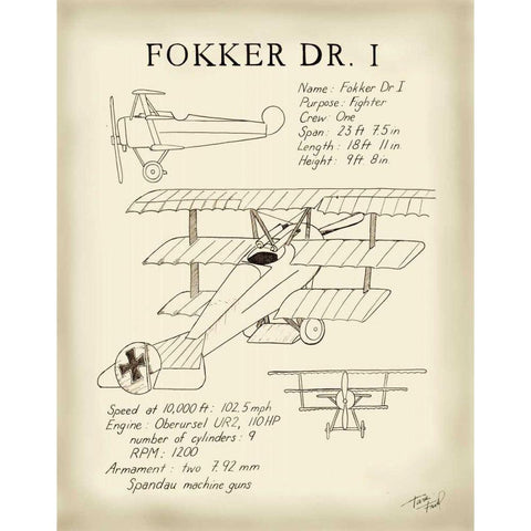 Fokker Dreidecker Gold Ornate Wood Framed Art Print with Double Matting by Friel, Tara