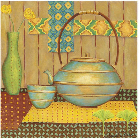 Ginkgo Tea Pot Gold Ornate Wood Framed Art Print with Double Matting by Zarris, Chariklia