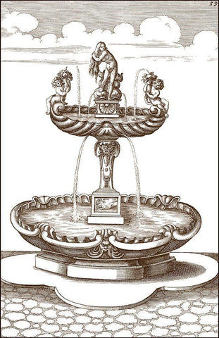 Courtyard Fountain III White Modern Wood Framed Art Print with Double Matting by Vision Studio