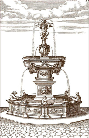 Courtyard Fountain IV Black Ornate Wood Framed Art Print with Double Matting by Vision Studio