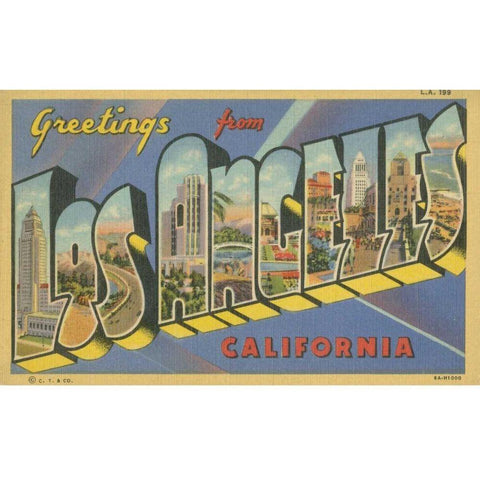 Greetings from Los Angeles Black Modern Wood Framed Art Print with Double Matting by Unknown