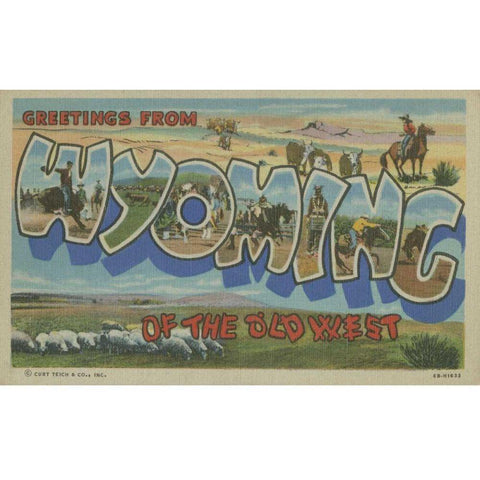 Greetings from Wyoming Black Modern Wood Framed Art Print with Double Matting by Unknown