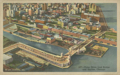 Chicago- Birds Eye View Black Ornate Wood Framed Art Print with Double Matting by Unknown