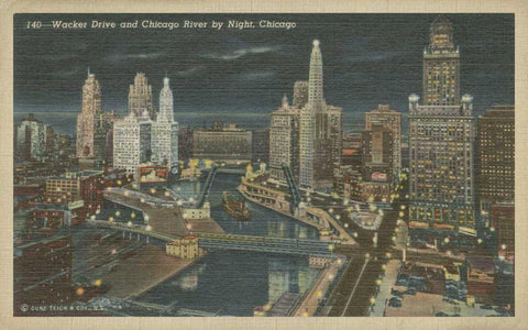 Chicago- Chicago River by Night White Modern Wood Framed Art Print with Double Matting by Unknown