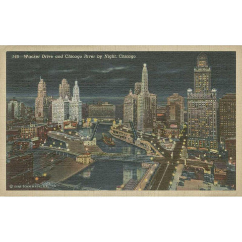 Chicago- Chicago River by Night Black Modern Wood Framed Art Print with Double Matting by Unknown