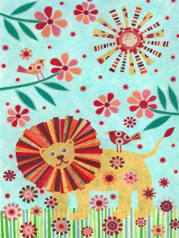 Lion and Birds White Modern Wood Framed Art Print with Double Matting by Conway, Kim