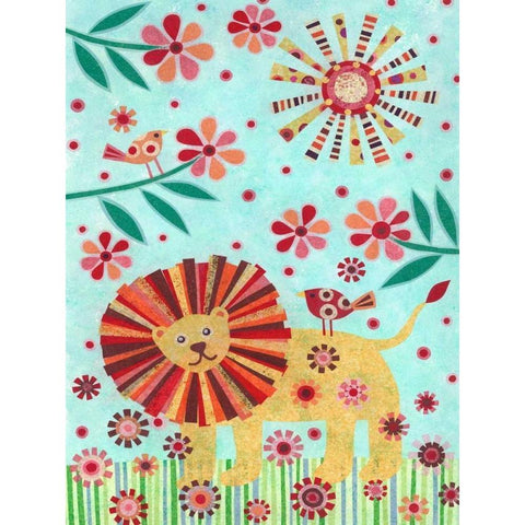 Lion and Birds Black Modern Wood Framed Art Print by Conway, Kim