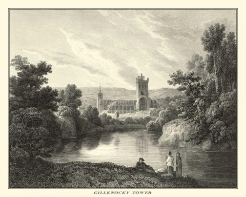 Gilknocky Tower Black Ornate Wood Framed Art Print with Double Matting by J. Greig
