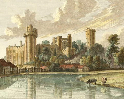 Warwick Castle Black Ornate Wood Framed Art Print with Double Matting by Sandby, P.