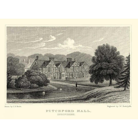 Pitchford Hall Gold Ornate Wood Framed Art Print with Double Matting by Neale, J.P.