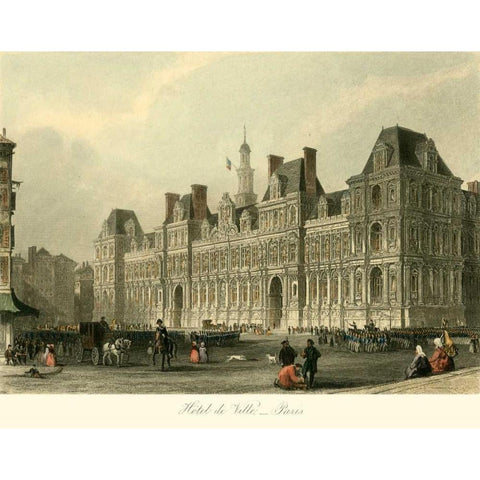 Hotel de Ville, Paris Gold Ornate Wood Framed Art Print with Double Matting by Allom, T.