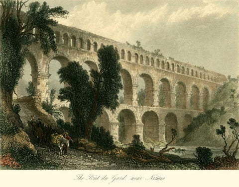 The Pont du Gard, near Nismes Black Ornate Wood Framed Art Print with Double Matting by Allom, T.