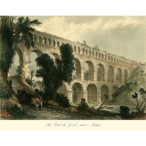 The Pont du Gard, near Nismes Black Modern Wood Framed Art Print by Allom, T.