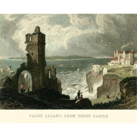 Caldy Island, from Tenby Castle White Modern Wood Framed Art Print by Allom, T.