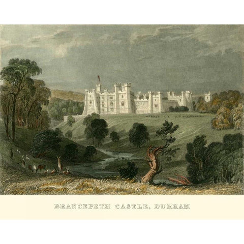 Brancepeth Castle, Durham Black Modern Wood Framed Art Print with Double Matting by Allom, T.