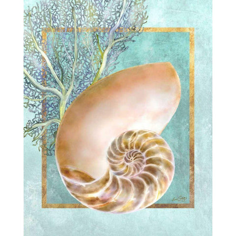 Nautilus Shell and Coral Gold Ornate Wood Framed Art Print with Double Matting by Schory, Lori