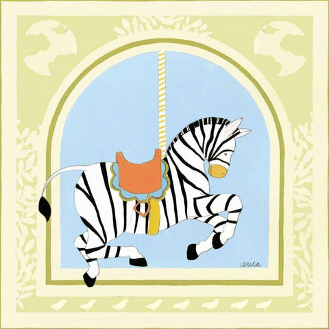 Zebra Carousel White Modern Wood Framed Art Print by Vess, June Erica