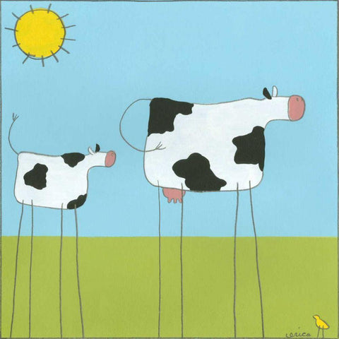 Stick-leg Cow I White Modern Wood Framed Art Print with Double Matting by Vess, June Erica